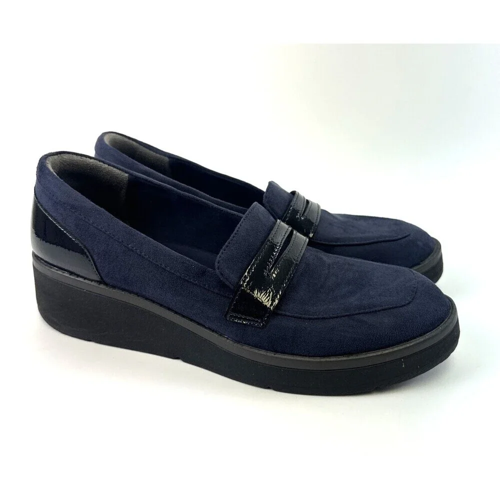 Bzees Fast‎ Track Platform Loafer Navy Blue Faux Suede Wedge Slip On Womens 10